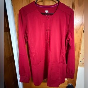 Healing Hands Red Button-Up Scrub Jacket